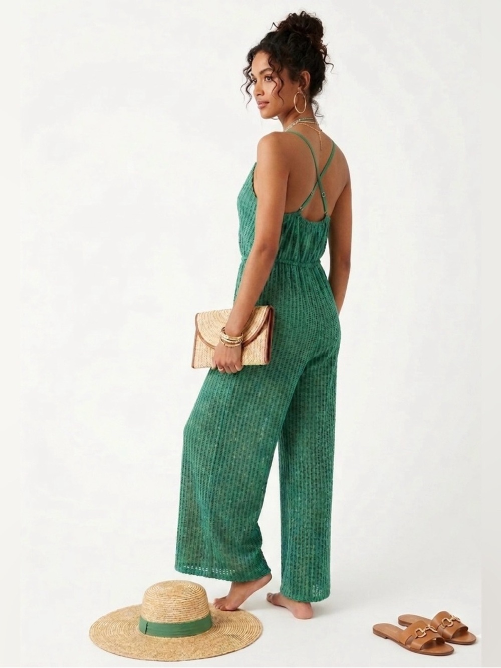 Sleeveless Ribbed Wide-Leg Jumpsuit in Green
